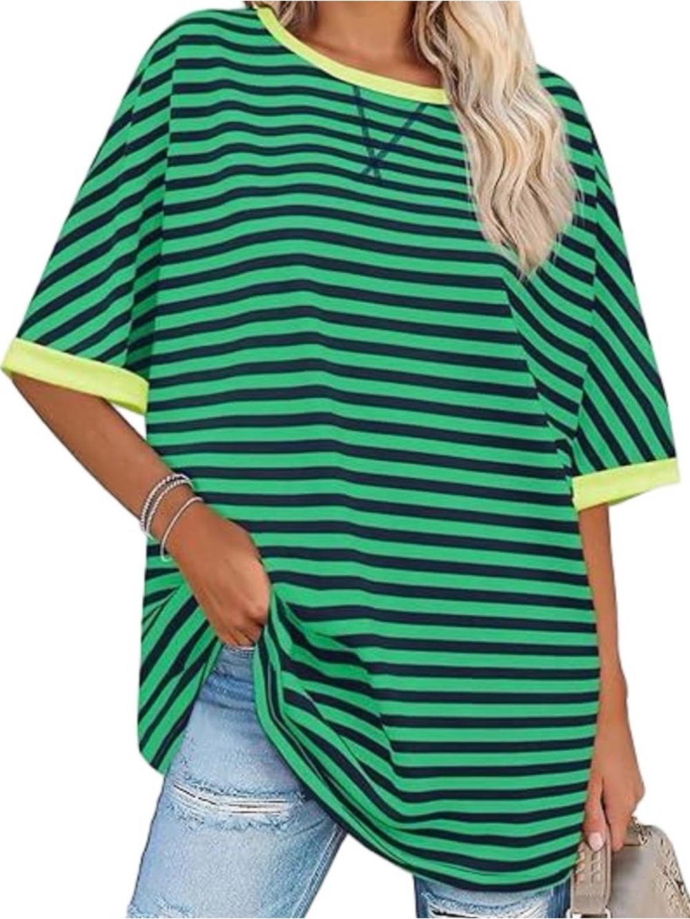 Women Summer Striped T Shirt Casual Color Block Half Sleeve Long Top small